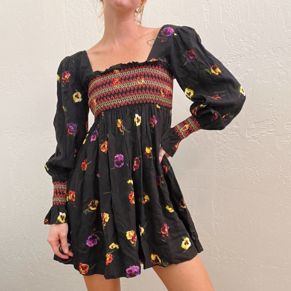 UO Black Floral Long Sleeve Smocked Flowy Boho Dress